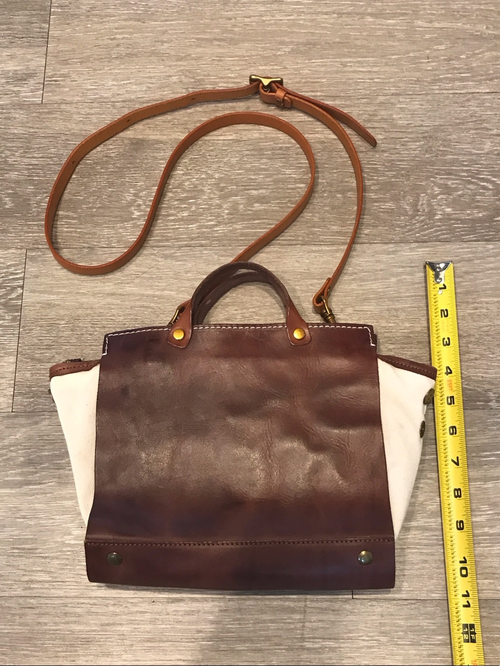 Old Trend Modern Vintage Leather w/Cream Canvas Crossbody Satchel & Top Handle - Picture 3 of 11